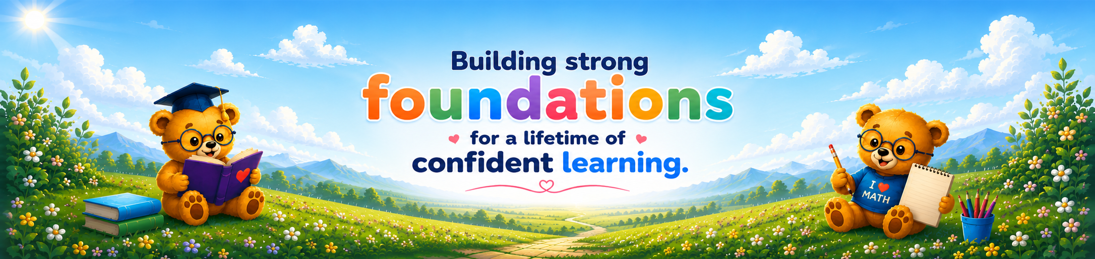 Learning Hugs teddy bears in a sunny meadow with the words Building strong foundations for a lifetime of confident learning.